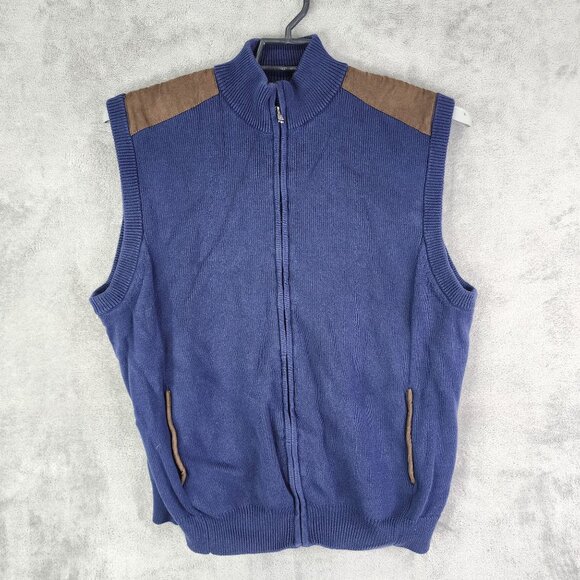 Mens Chaps Blue Knitted Vest Jacket Brown Suede Accents Full Zip Sleeveless XXL - Picture 2 of 10
